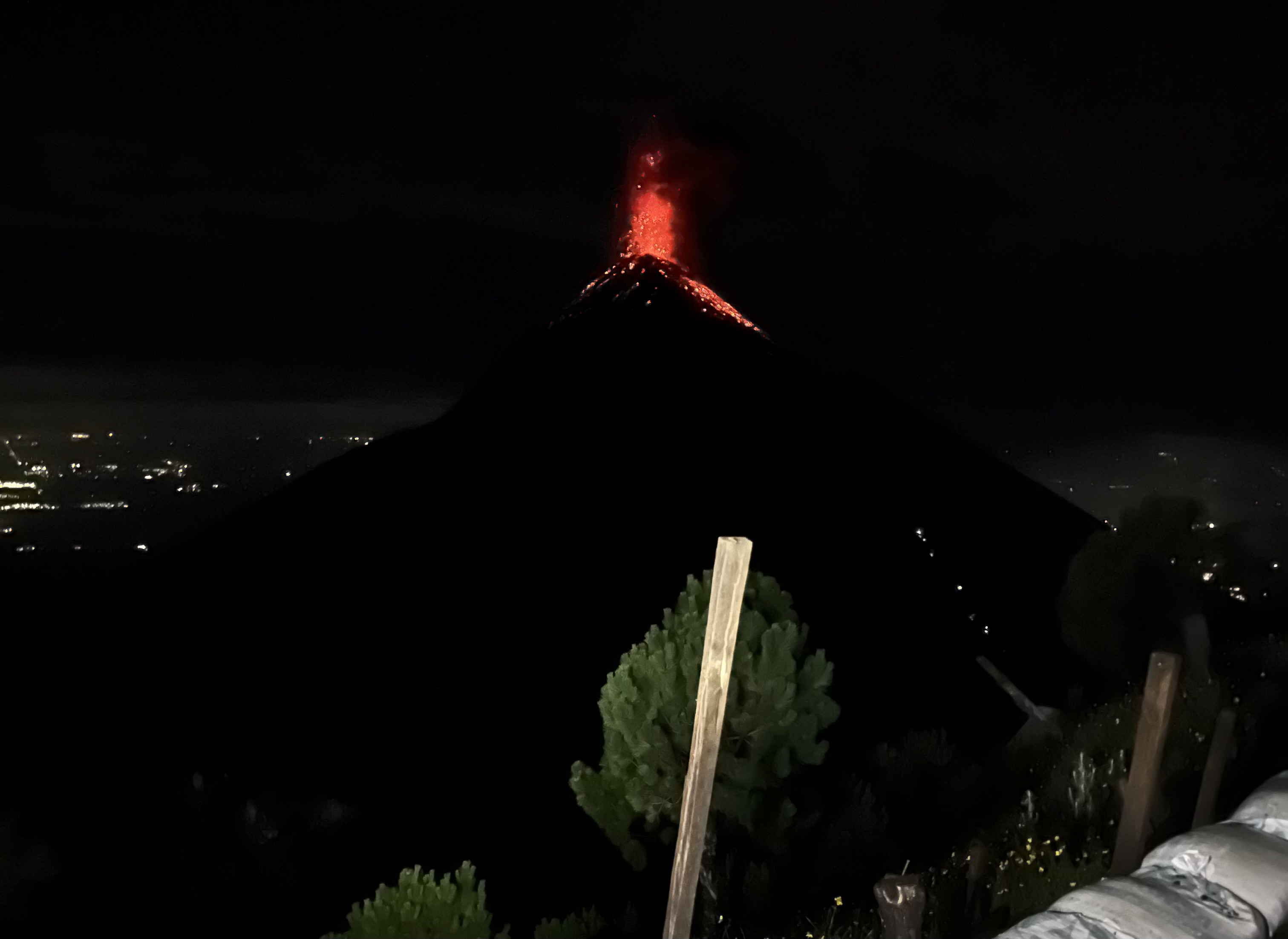 Fuego erupting at night