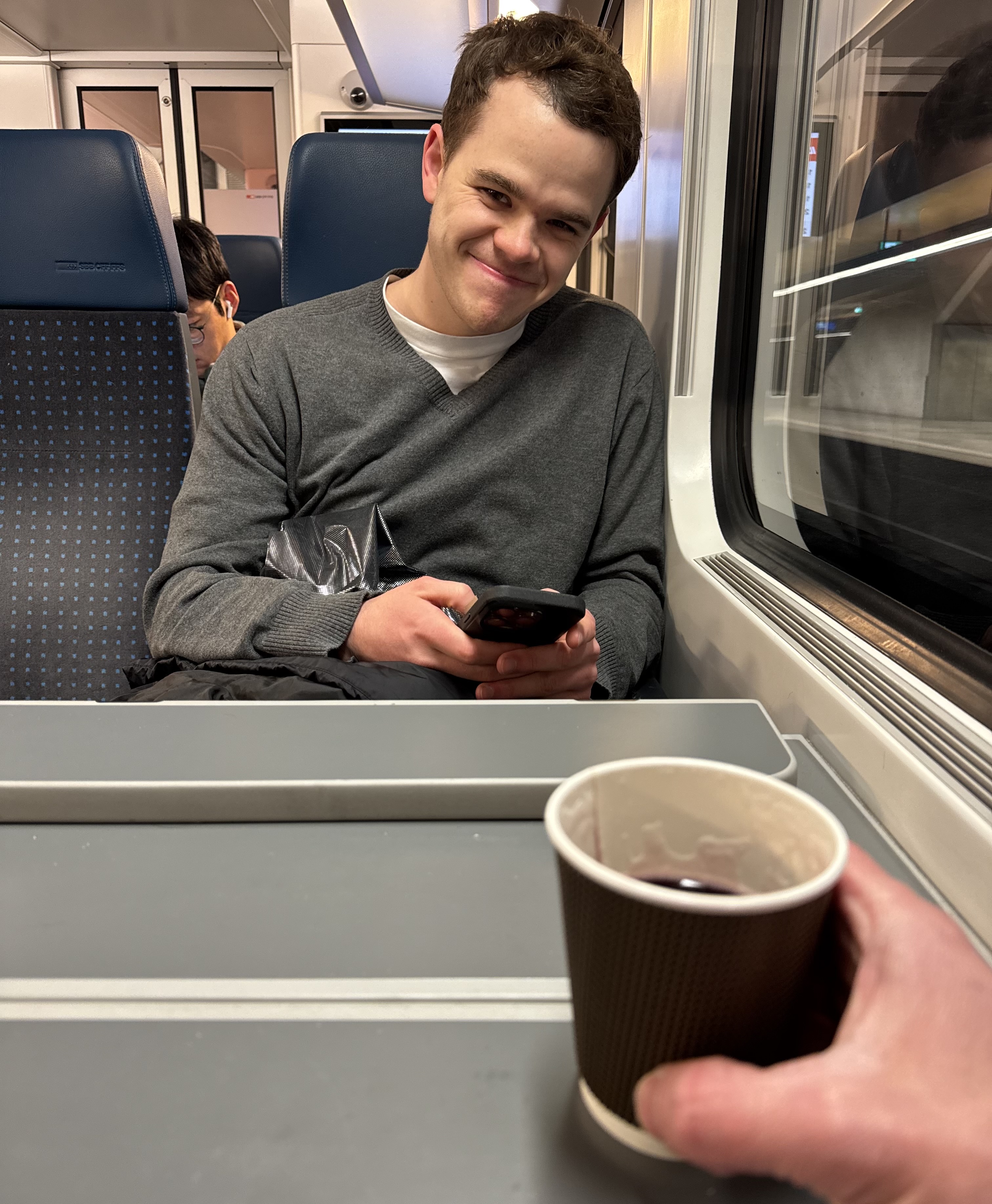 Coffee on the train with Caleb
